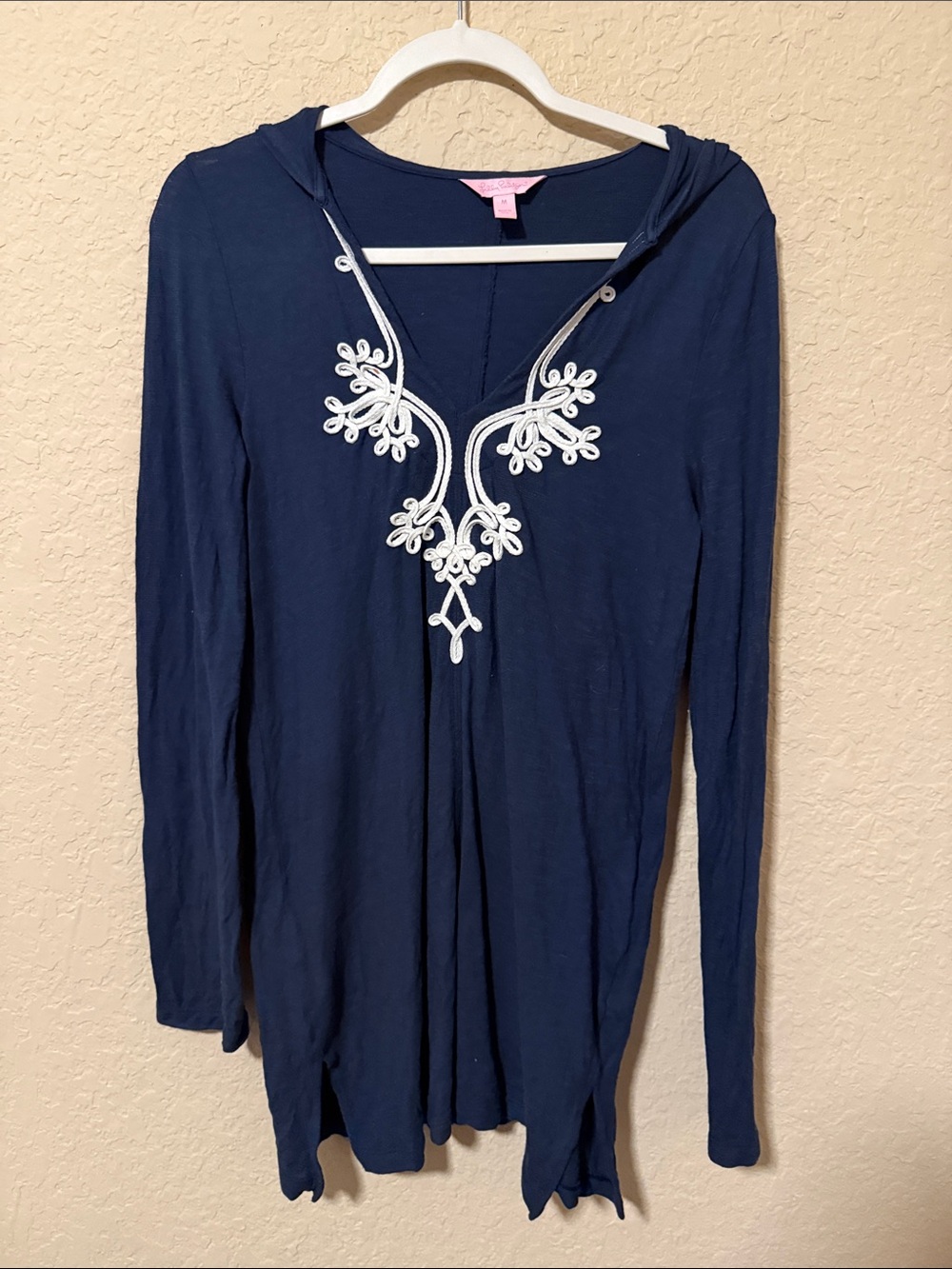 Lilly Pulitzer Navy Hooded Tunic with White Embroidered V-Neck